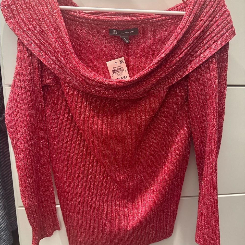 INC International Concepts Shimmering Red Off-the-Shoulder Sweater